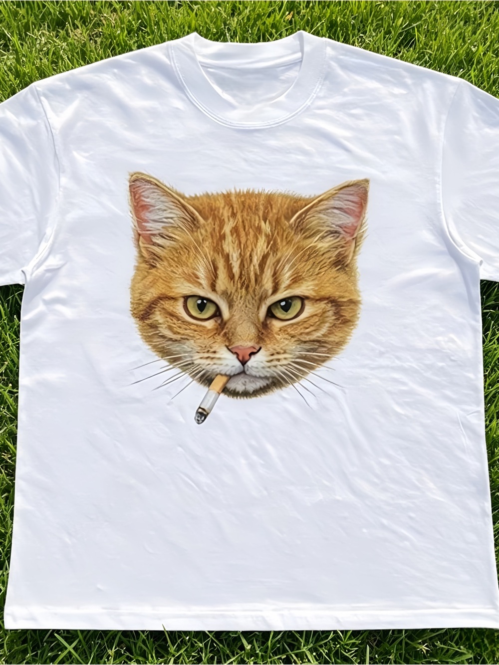 Orange tabby cat design smoking art T-shirt, unisex streetwear T-shirt.